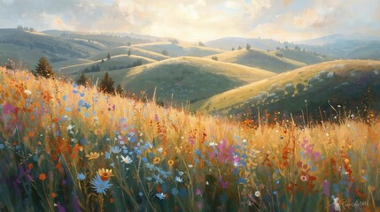 Serene Meadow Panorama A Breathtaking Landscape of Rolling Hills and Wildflowers in Sunlight
