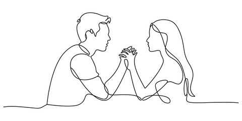 Continuous line artwork of couple holding hands, loving bond.