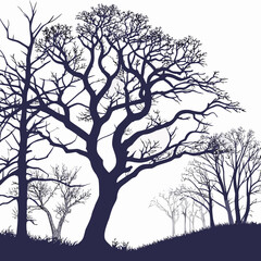 Silhouetted trees stand starkly against a, their bare branches reaching towards the sky, creating a dramatic and eerie scene isolated on