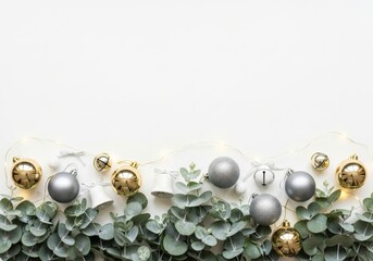 Elegant Christmas Border Gold  Silver Ornaments, Eucalyptus, Twinkle Lights