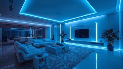 Futuristic living room interior with ambient blue neon LED lighting creating a stylish and modern atmosphere for contemporary home design