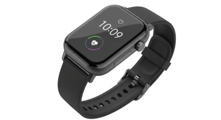 Modern black smartwatch with digital display isolated on white.