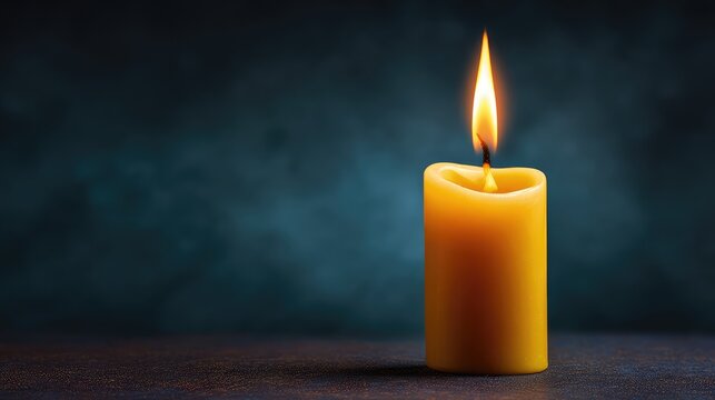 Single yellow candle glowing softly in a dimly lit environment, casting warm light and shadows, symbolizing peace, serenity, and tranquility in a minimalist setting.