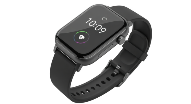 Modern black smartwatch with digital display isolated on white.