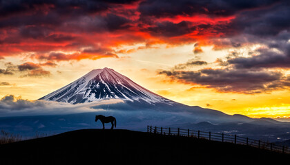 朝焼けの富士山と佇むシルエットの馬
