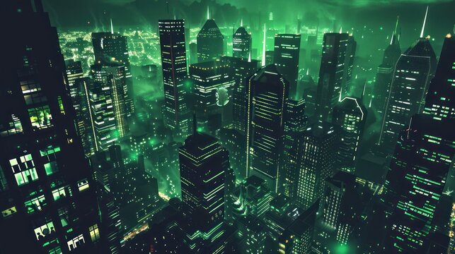 Futuristic Green Cityscape with Skyscrapers Illuminated at Night in Cyberpunk Style