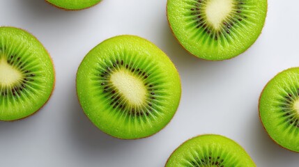 Fototapeta premium Fresh Green Kiwi Slices on a White Background, Vibrant Floral Patterns of Kiwi Fruit, Healthy Eating Concepts, Close-Up View of Tropical Fruits