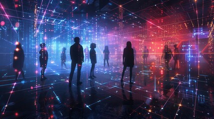 Futuristic Digital Environment with People Silhouettes in Neon Light Display