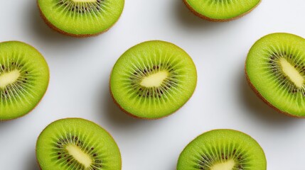 Fototapeta premium Fresh and Vibrant Slices of Kiwi Displayed on a Clean Surface Creating an Eye-Catching and Colorful Arrangement for Food Photography and Healthy Lifestyle Concepts