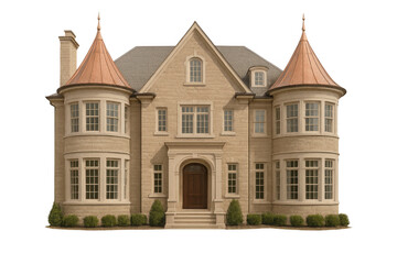 Naklejka premium Luxury stone mansion with copper turrets, a large residential home representing real estate and prosperity on transparent background