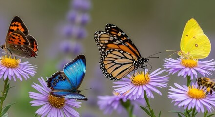 Obraz premium A monarch butterfly, a blue morpho butterfly, a small copper butterfly, and a yellow butterfly feed on nectar from purple asters
