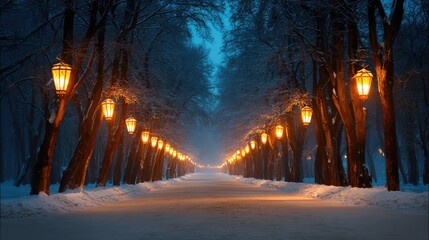 Serene Winter Pathway Illuminated by Vintage Lanterns Amidst a Snow-Covered Landscape with Frosty Trees and a Mystical Blue Atmosphere