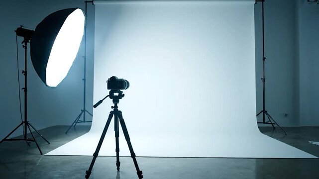Studio setup with camera on tripod, background, and softbox lighting, ready to shoot