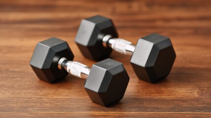 High-quality hexagonal black dumbbells resting on a wooden surface, ideal for fitness enthusiasts and gym promotions in a modern lifestyle setting, showcasing durability and style