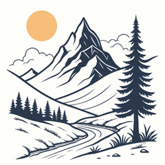Hand drawn mountain landscape with a winding river, pine trees, and a sun in the sky isolated on a serene and scenic nature illustration © NAHID 