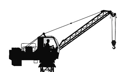 A silhouette of a construction crane against a bright white background, symbolizing industry and engineering, with a worker inside.