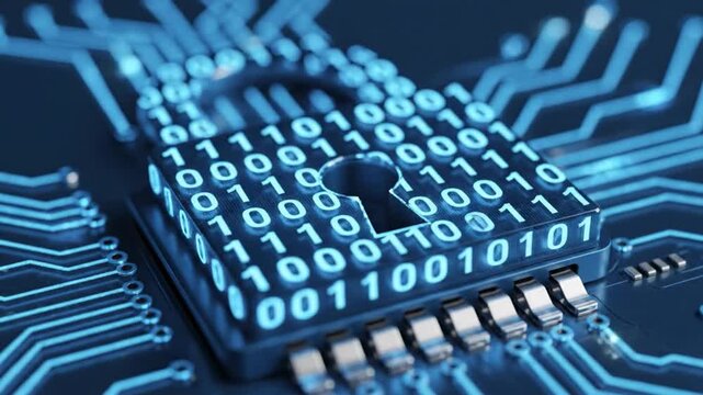 The image shows a metal lock, stylized as a microchip. It is colored blue and covered with glowing numbers "0" and "1", forming a binary code. Thin luminous lines radiate from the lock, resembling ele