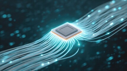 Futuristic Digital Microchip Surrounded by Flowing Data Streams, Representing Advanced Technology, Connectivity, and Information Processing in a High-Tech Environment