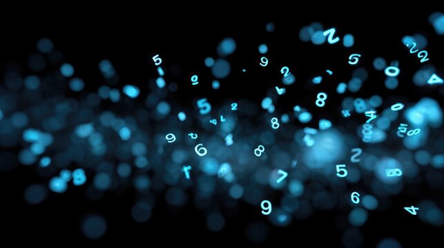 Abstract digital representation of flying blue numbers on a dark background, illustrating concepts of technology, data analysis, and information flow in a modern context.