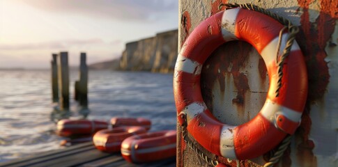 Worn Red and White Lifebuoy Hanging on Rusted Surface
