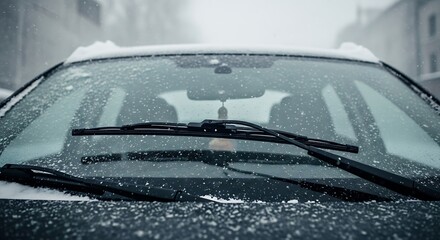 Obraz premium Snow Covered Car Windshield During Winter Storm in Urban Setting
