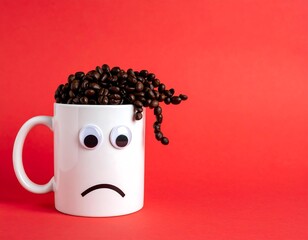 Sad coffee mug with coffee bean hair