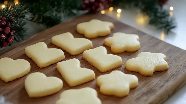 Baked shortbread pastries with pale icing arranged on wooden board near festive greenery
