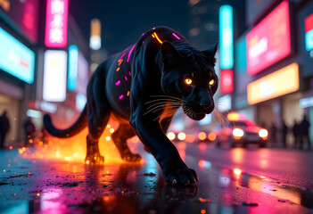 Futuristic Black Panther Running in a Cyberpunk City