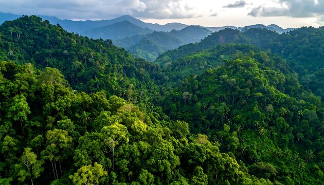 Aerial view of a lush, verdant landscape filled with rolling hills and mountains covered in dense trees, bathed in soft, natural light