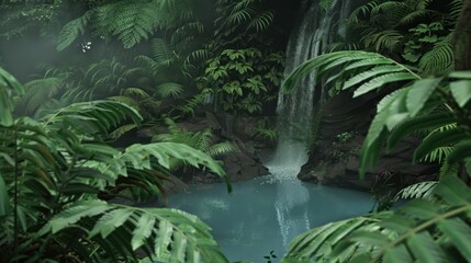 Lush Green Jungle Waterfall Flowing Into Blue Pool in Dense Tropical Forest