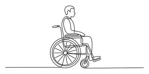 Continuous line drawing of a person sitting in a wheelchair icon.
