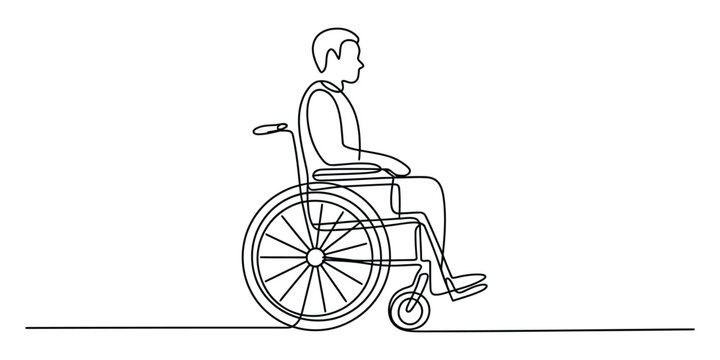Continuous line drawing of a person sitting in a wheelchair icon.