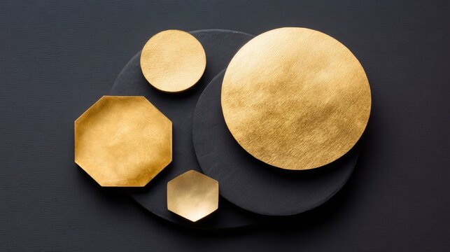 Elegant Display of Gold and Black Plates on Textured Background, Highlighting Modern Table Setting and Contemporary Design Aesthetics for Stylish Dining Experiences