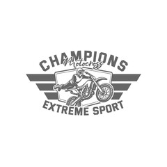 This logo features a motocross rider performing an extreme stunt, capturing the spirit of speed, power, and adrenaline. The dynamic illustration, combined with bold wing-like stripes, creates a strong