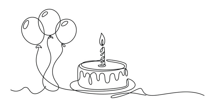 Minimalist continuous line drawing birthday cake with balloons