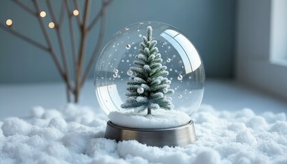 A miniature Christmas tree, nestled inside a clear glass snow globe on a cloud-like surface.