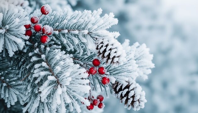 Close-up of snow-covered evergreen branch with bright red berries conveying cold winter vibes.