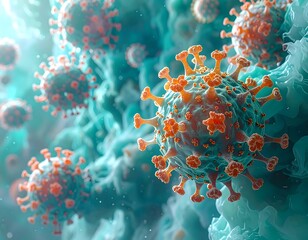 Microscopic view of spherical structures with orange spikes, resembling viral particles, amidst a blue, cellular environment