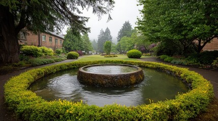 Fototapeta premium Serene Garden Fountain Surrounded by Lush Greenery and Colorful Flora in a Tranquil Park Setting on a Misty Day