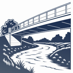 Illustration of a bridge over a river, with trees and vegetation around