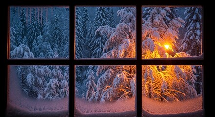 A cozy window view showcases a snow-covered forest illuminated by warm light on a cold night.
