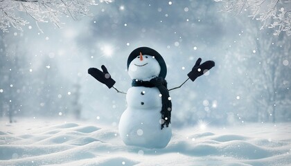 Joyful snowman with hat and scarf welcomes winter in a snowy landscape, amidst falling snowflakes.