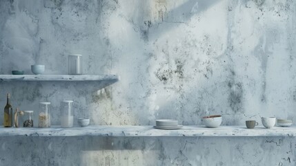 Minimalist Kitchen Shelf with White Dishes and Bowls Against Textured Concrete Wall