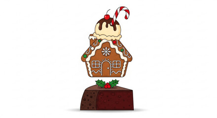 A delightful christmas dessert featuring a gingerbread house atop a slice of chocolate cake, adorned with a candy cane and cherry, isolated on