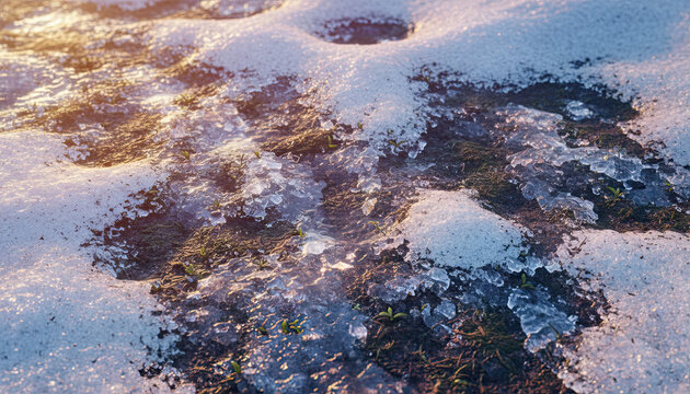 Close up of melting snow on grass during a warm sunset with golden light highlighting ice crystals and emerging green shoots - Powered by Adobe