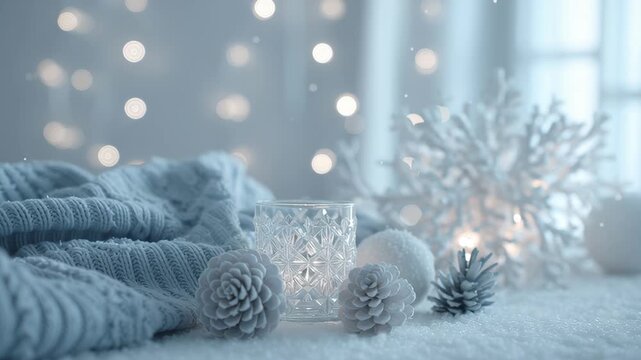 A white Christmas tree ornament sits on a table. The ornament is surrounded by snow and pine cones. Clean high key christmas composition, airy snow lights