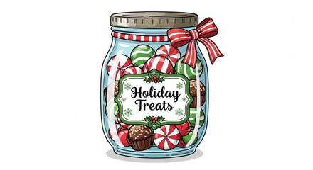 A festive jar filled with holiday treats, including candy canes, chocolates, and peppermints, adorned with a decorative label and a cheerful red bow