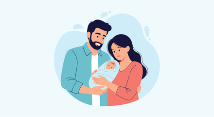 A loving couple embracing their newborn baby symbolizing the beginning of a new family life together.