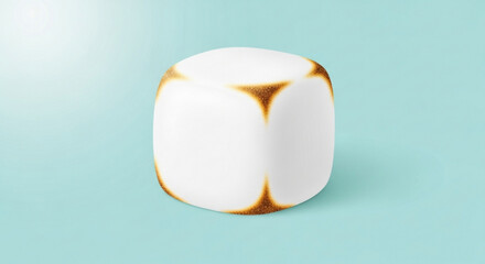 A white cube with rounded edges sits against a light blue background, casting a soft shadow, creating a minimalist and modern aesthetic in the studio shot