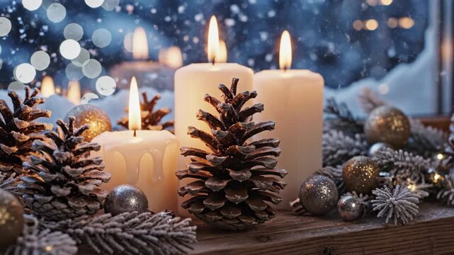 Christmas candles with pinecones and festive decor.